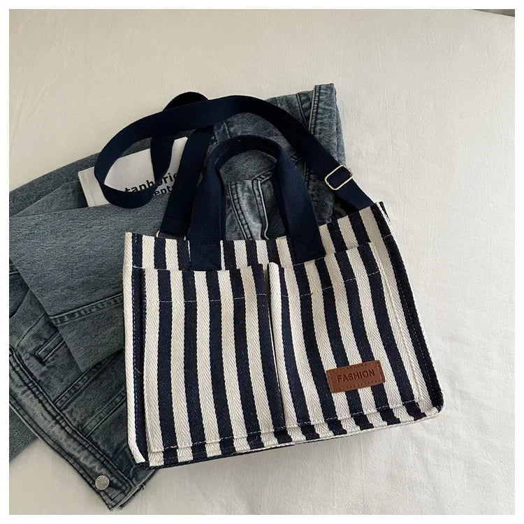 Women's Large Capacity Striped Canvas Shoulder Bag — Versatile Commuter & Travel Tote