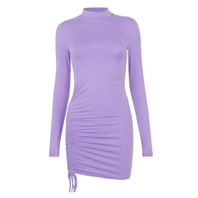 Women's Solid Color Drawstring O-Neck Bodycon Dress