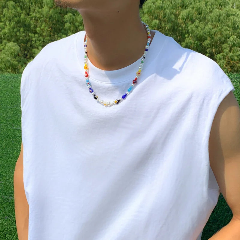 Men's Glass Flower Beaded Choker Necklace — Hip-Hop Gothic Punk Layered Pendant Chain