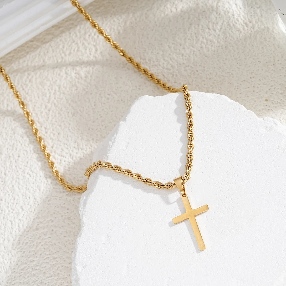 Men's Stainless Steel Cross Pendant Necklace — Minimalist Gold Colour Rope Chain Choker