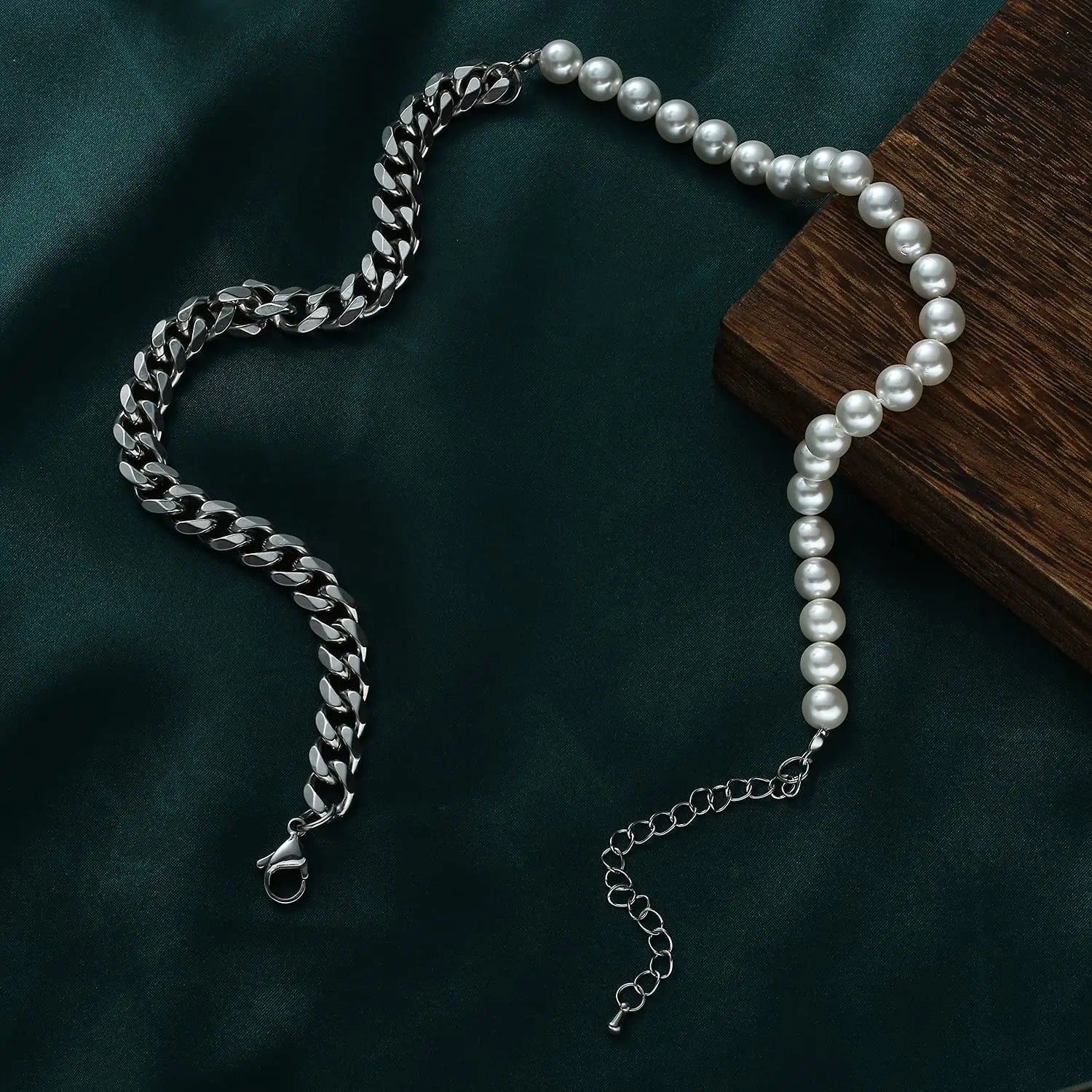 Men's Half Pearl Half Cuban Link Chain Necklace — Stainless Steel Silver Jewellery (43 cm)