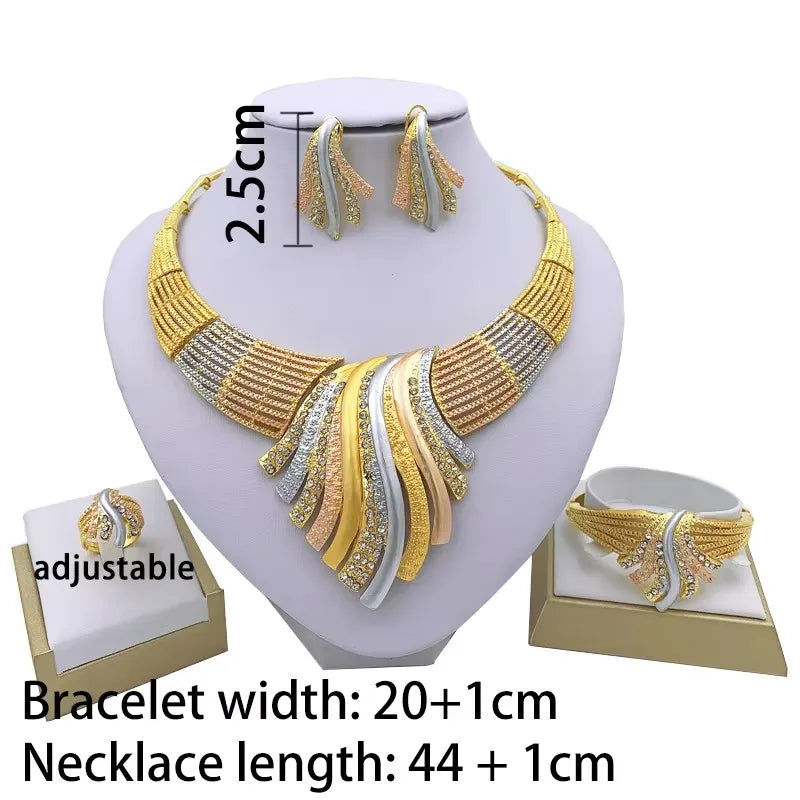 Women's Dubai 24K Gold Plated Luxury Jewellery Set — Necklace, Earrings, Bracelet & Ring for Wedding