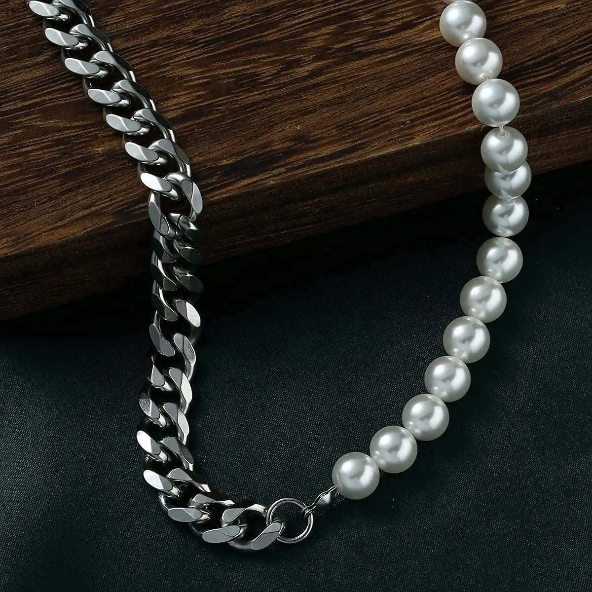 Men's Half Pearl Half Cuban Link Chain Necklace — Stainless Steel Silver Jewellery (43 cm)