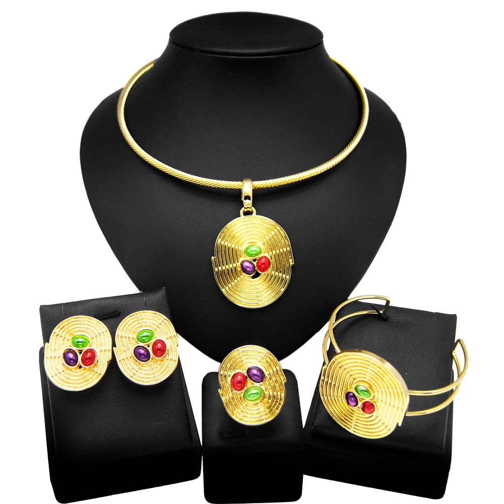 Women's Gold Plated Jewellery Set — Necklace, Earrings, Ring & Bracelet Italian Fashion