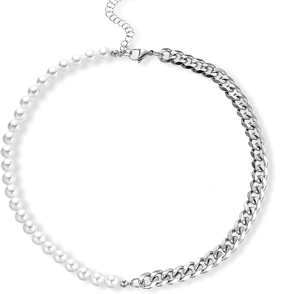 Men's Half Pearl Half Cuban Link Chain Necklace — Stainless Steel Silver Jewellery (43 cm)