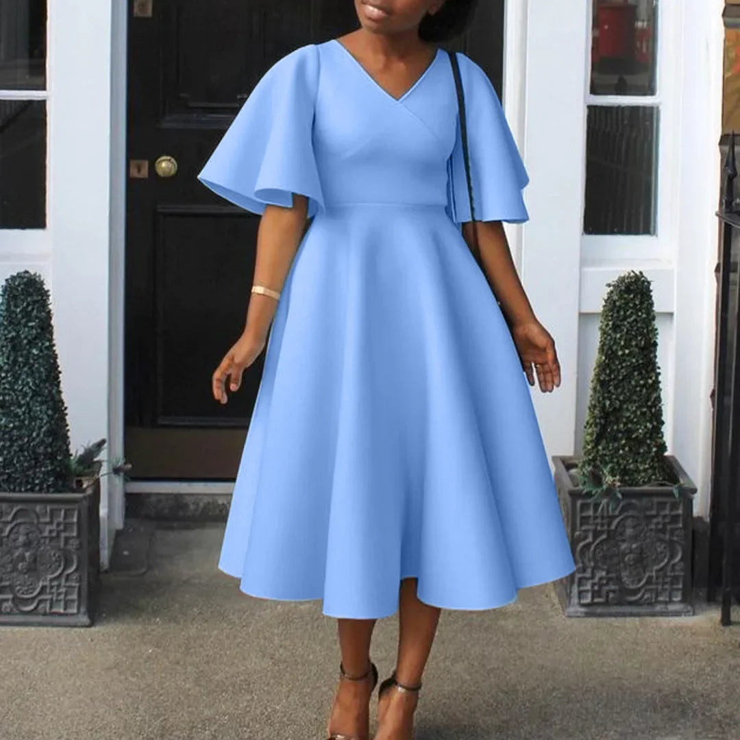 Women's V-Neck Flare Sleeve High Waist Pleated A-Line Dress