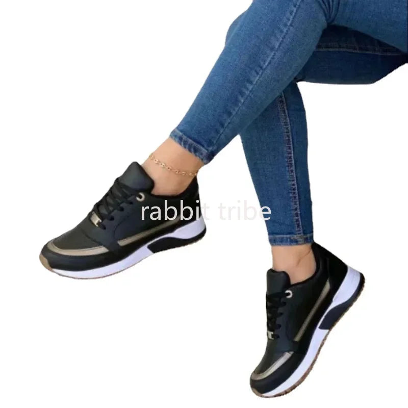 Women's Lace-Up Height-Increasing Sneakers — Mixed Colour Mid Heel Casual Shoes