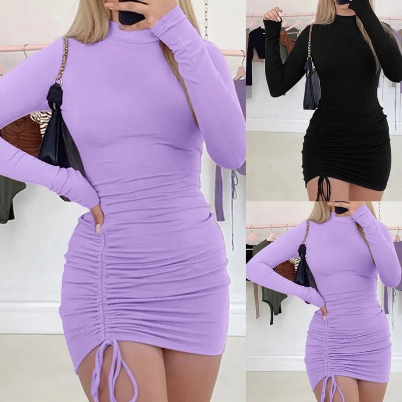 Women's Solid Color Drawstring O-Neck Bodycon Dress