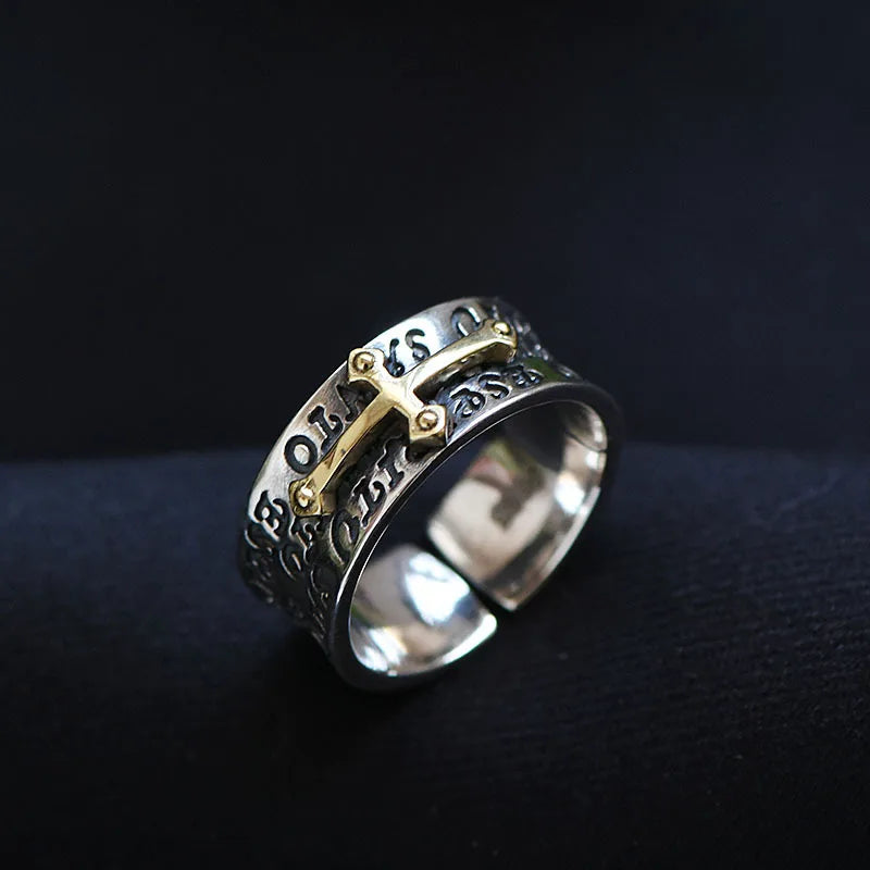 Men's Retro Two-Tone Cross Ring — Adjustable Copper Silver Plated Luxury Statement Ring
