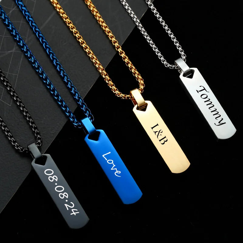 Men's Personalised Bar Pendant Necklace — Stainless Steel Minimalist Custom Jewellery Gift