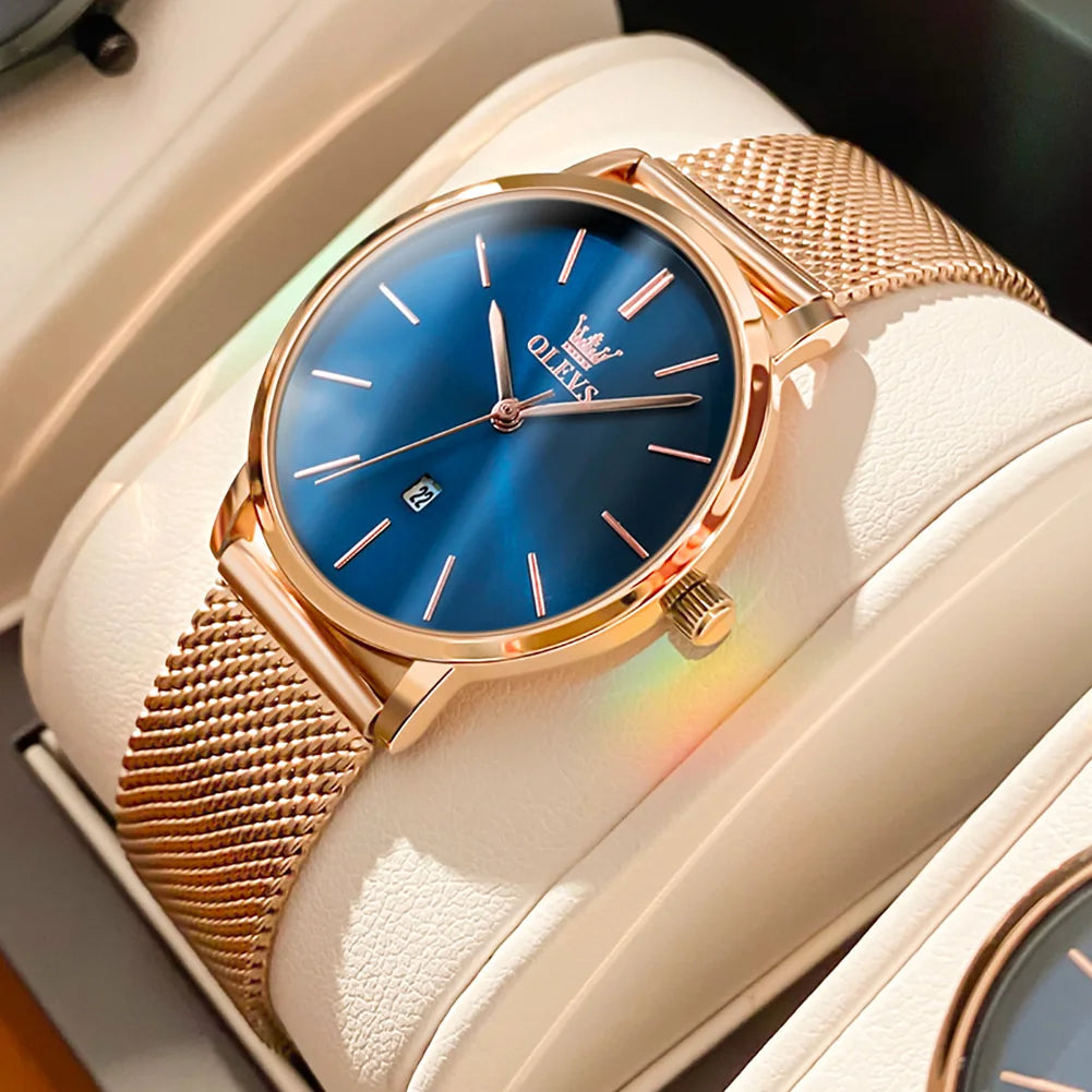 OLEVS Women's Rose Gold Quartz Watch — Luxury Stainless Steel Bracelet Gift Set