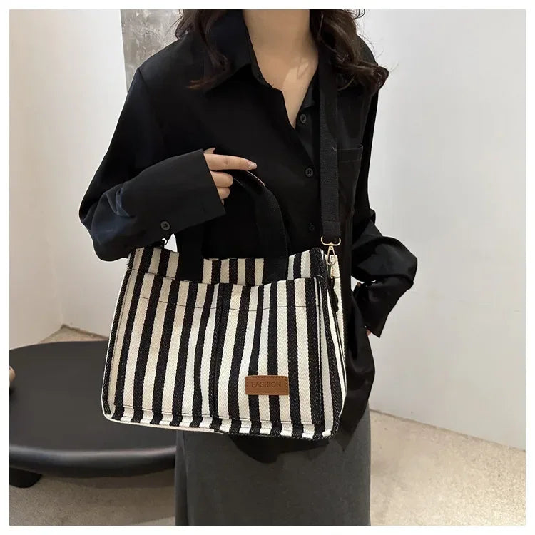 Women's Large Capacity Striped Canvas Shoulder Bag — Versatile Commuter & Travel Tote