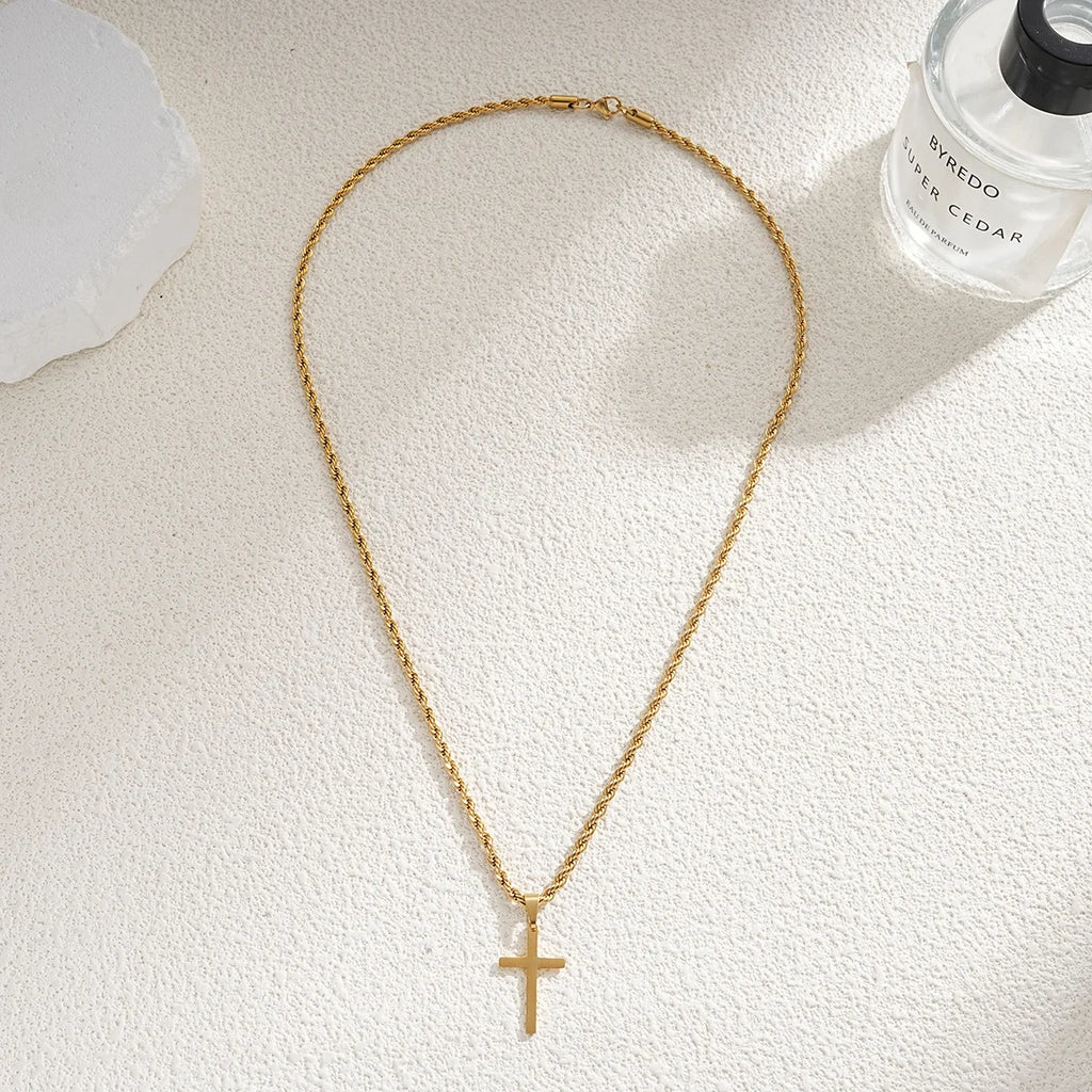 Men's Stainless Steel Cross Pendant Necklace — Minimalist Gold Colour Rope Chain Choker