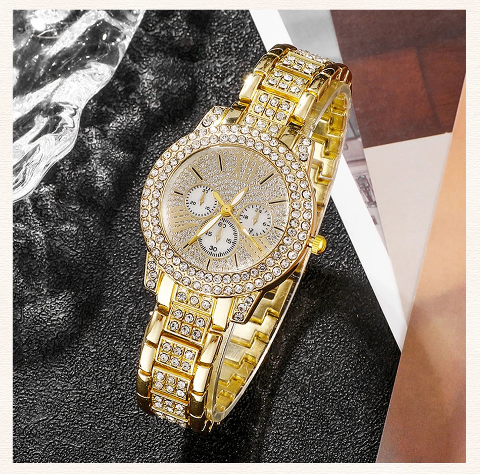 Women's Rhinestone Quartz Watch & Jewellery Set — Ring, Necklace & Earrings Luxury Gift