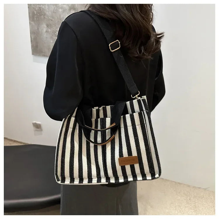 Women's Large Capacity Striped Canvas Shoulder Bag — Versatile Commuter & Travel Tote