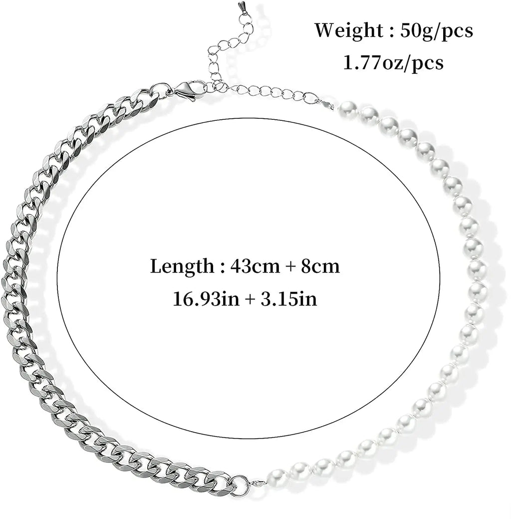 Men's Half Pearl Half Cuban Link Chain Necklace — Stainless Steel Silver Jewellery (43 cm)