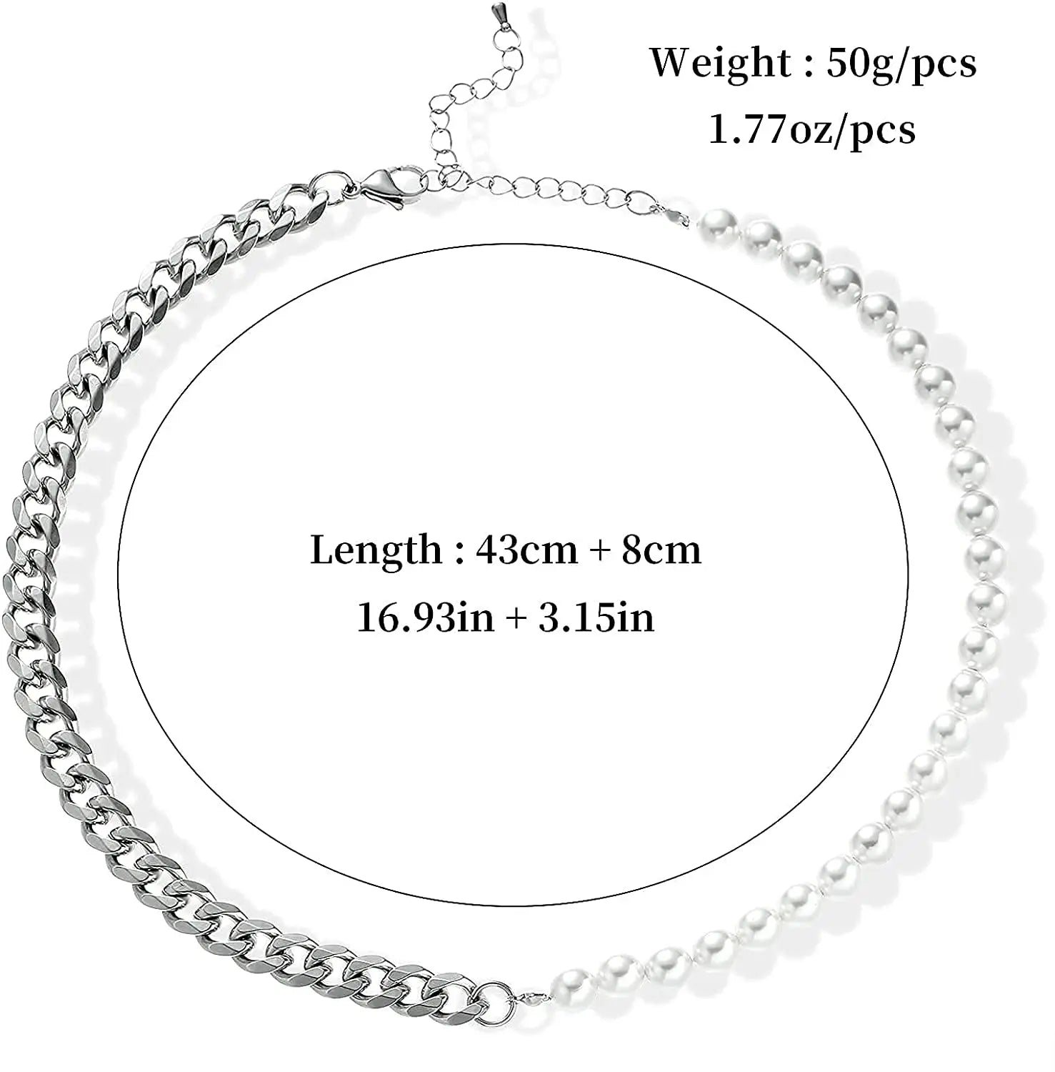 Men's Half Pearl Half Cuban Link Chain Necklace — Stainless Steel Silver Jewellery (43 cm)