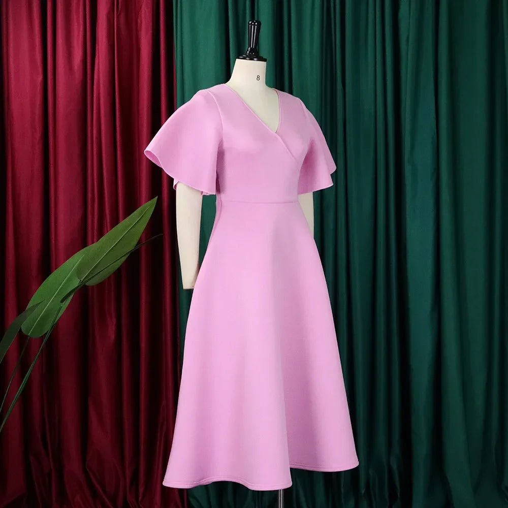 Women's V-Neck Flare Sleeve High Waist Pleated A-Line Dress