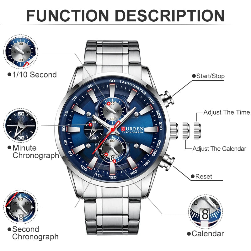 CURREN Men's Sport Chronograph Quartz Watch — Waterproof Stainless Steel