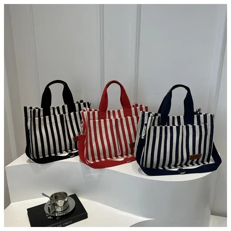 Women's Large Capacity Striped Canvas Shoulder Bag — Versatile Commuter & Travel Tote