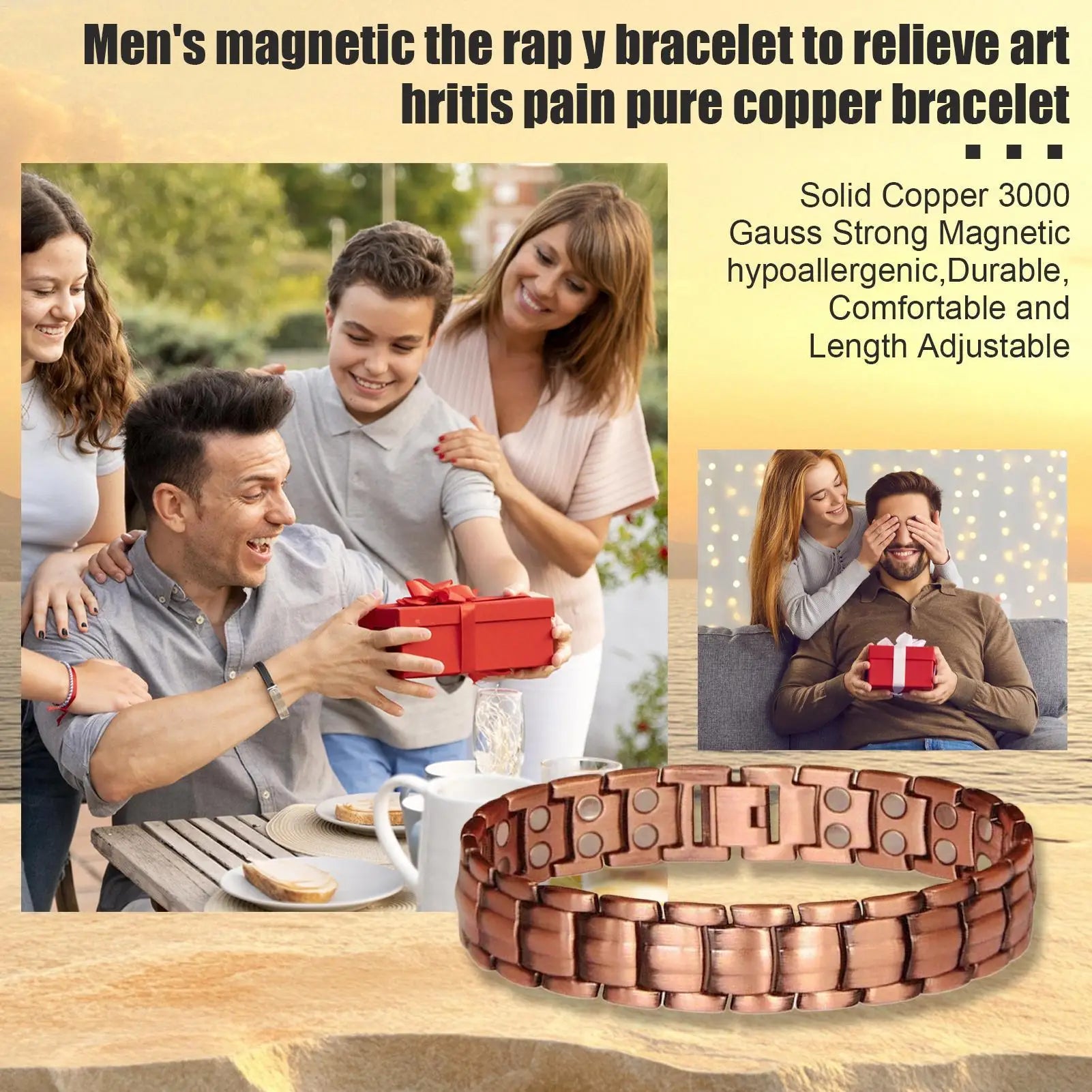 Men's Magnetic Copper Bracelet — Tin Gold Adjustable Sports & Outdoor Jewellery (21 cm)