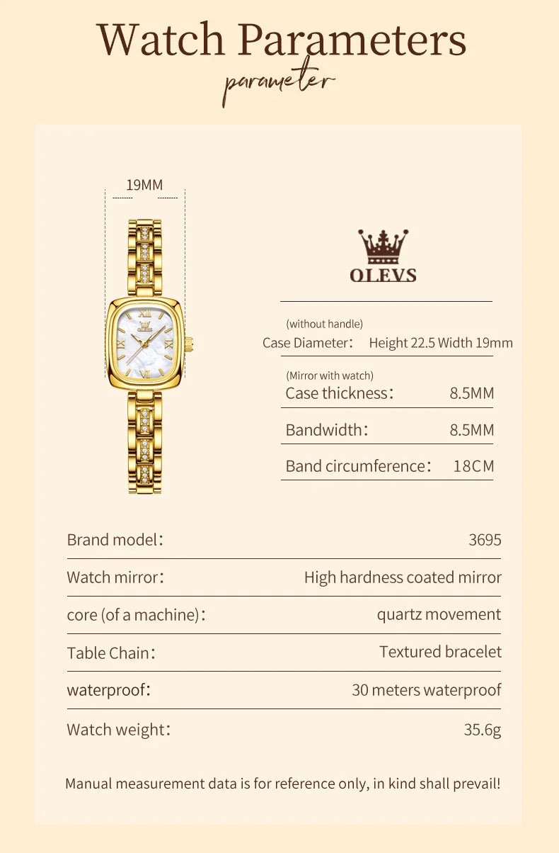 OLEVS Women's Luxury Square Bracelet Quartz Watch — Luminous Waterproof Dress Watch