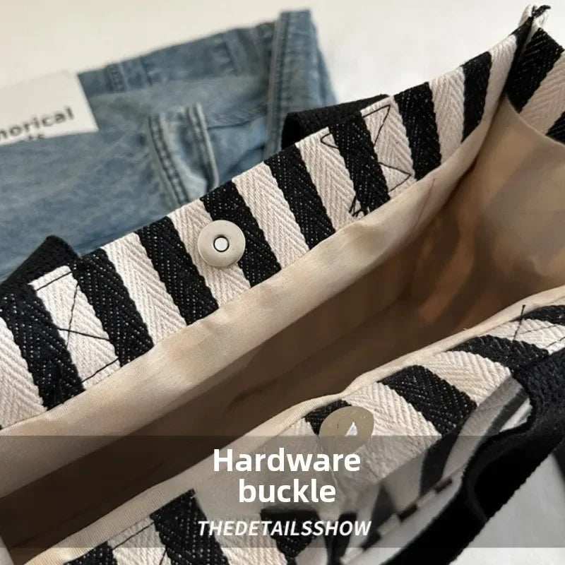 Women's Large Capacity Striped Canvas Shoulder Bag — Versatile Commuter & Travel Tote