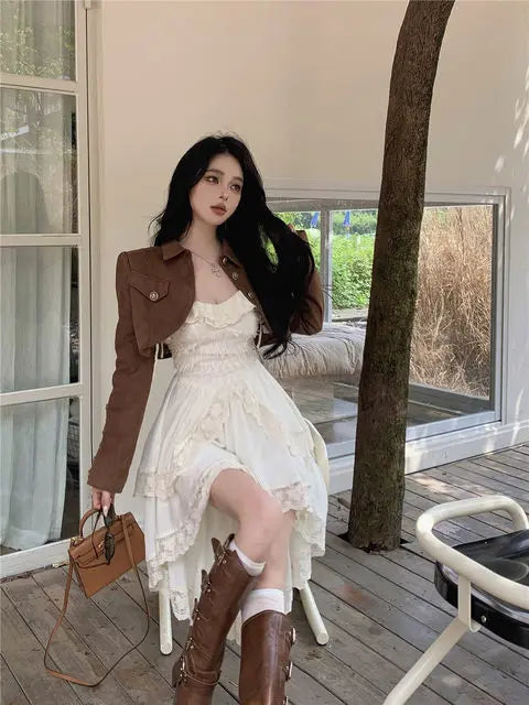 Women's Lace Ruffle Slash-Neck Sling Midi Dress