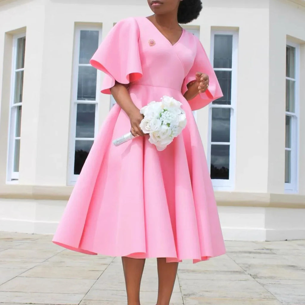 Women's V-Neck Flare Sleeve High Waist Pleated A-Line Dress