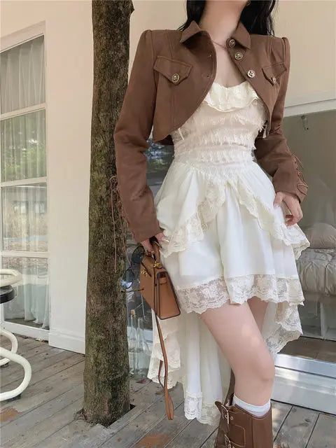 Women's Lace Ruffle Slash-Neck Sling Midi Dress