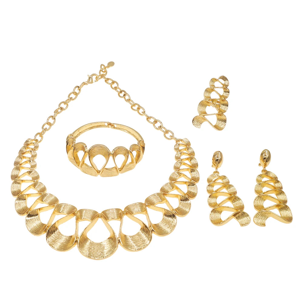 Women's Gold Plated Wavy Pendant Necklace & Earrings Set — Delicate Wedding & Holiday Jewellery