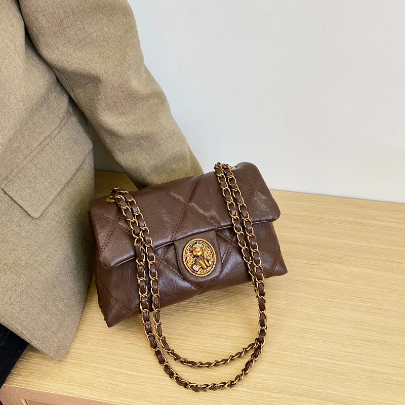 Women's Luxury Lingge Pattern PU Leather Crossbody Bag — Designer Underarm Shoulder Handbag