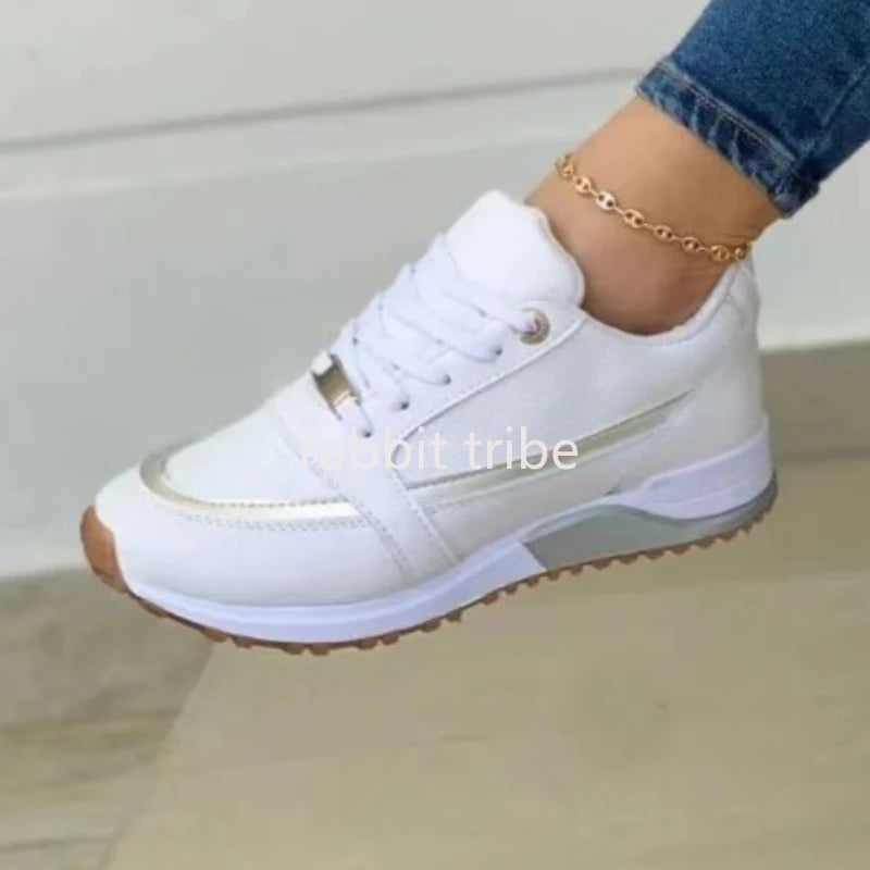 Women's Lace-Up Height-Increasing Sneakers — Mixed Colour Mid Heel Casual Shoes