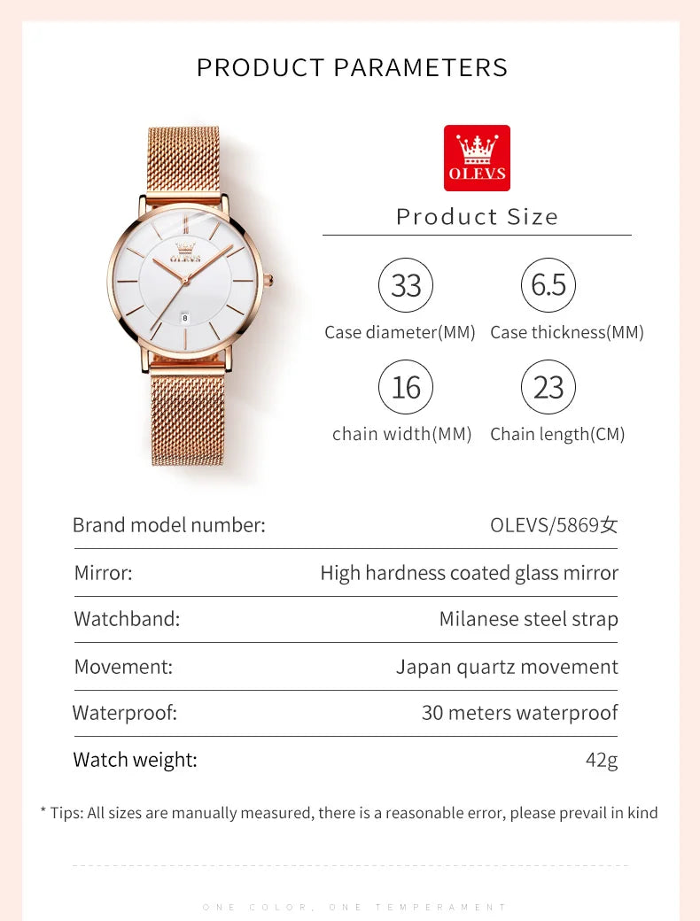 OLEVS Women's Rose Gold Quartz Watch — Luxury Stainless Steel Bracelet Gift Set