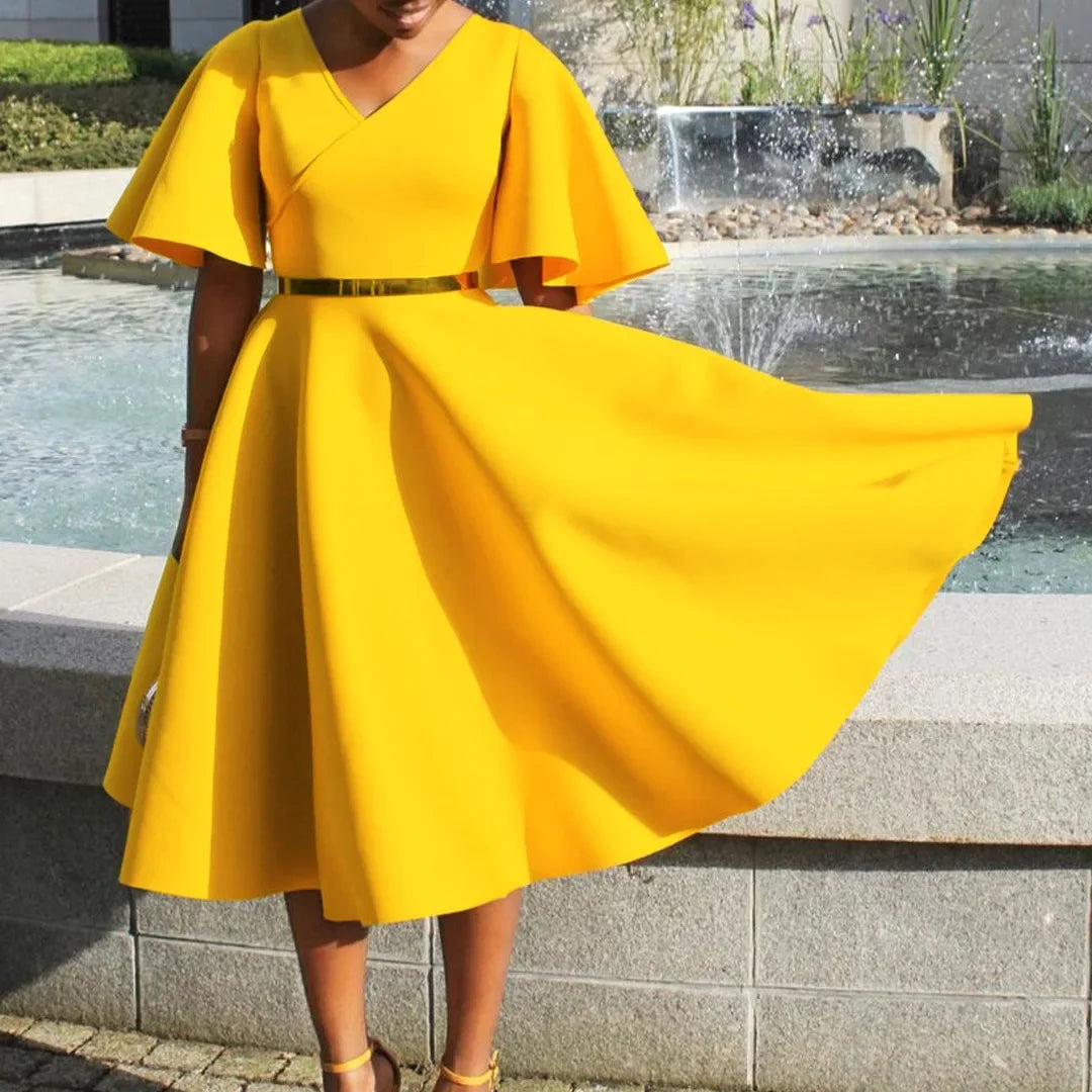 Women's V-Neck Flare Sleeve High Waist Pleated A-Line Dress