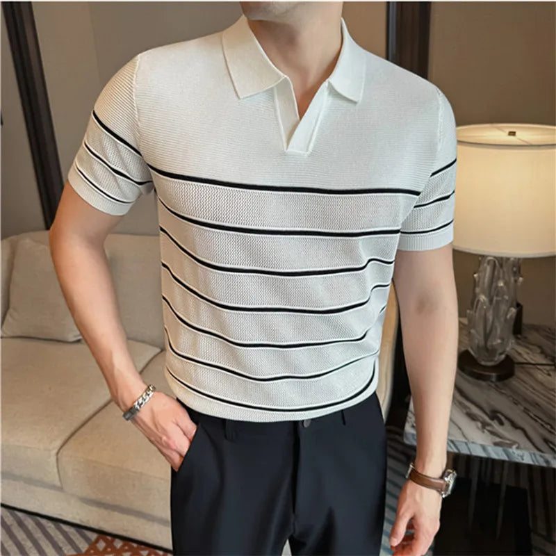 Men's Slim-Fit Knitted Striped T-Shirt — Smart Casual Turn-Down Collar