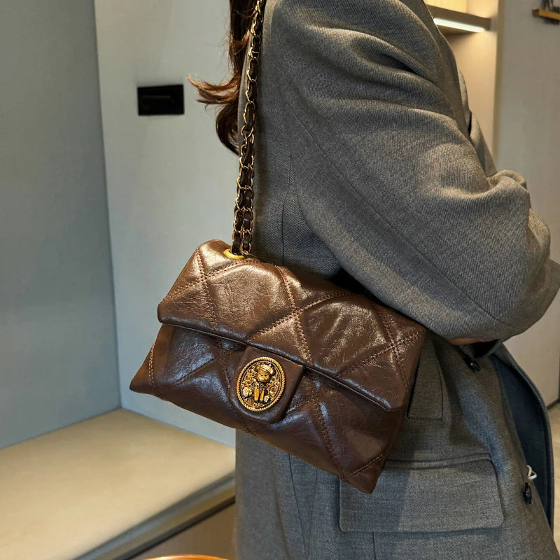 Women's Luxury Lingge Pattern PU Leather Crossbody Bag — Designer Underarm Shoulder Handbag