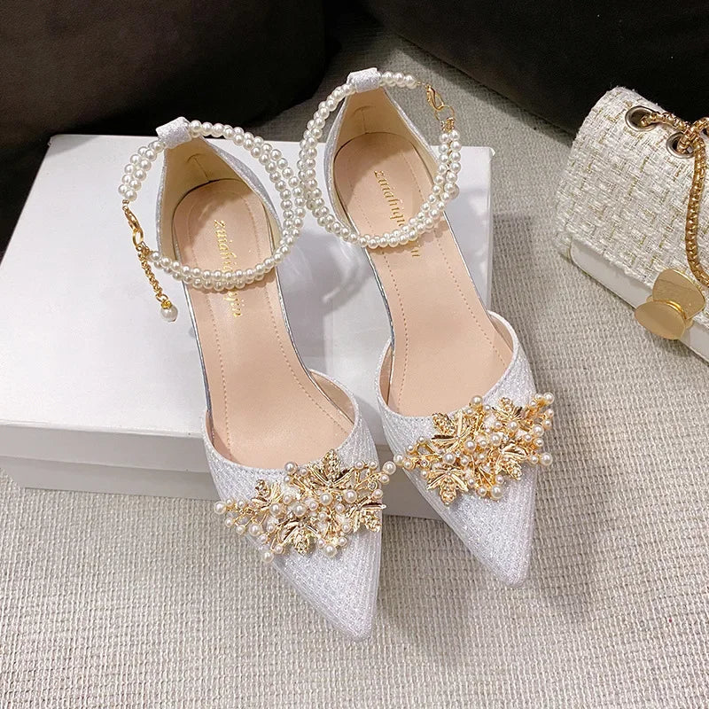 Women's Pointed Toe High Heel Pumps — Metal Beaded Wedding & Banquet Shoes