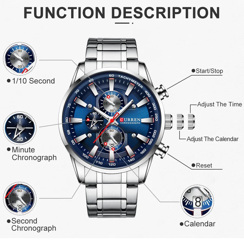 CURREN Men's Sport Chronograph Quartz Watch — Waterproof Stainless Steel