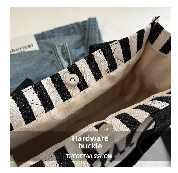 Women's Large Capacity Striped Canvas Shoulder Bag — Versatile Commuter & Travel Tote
