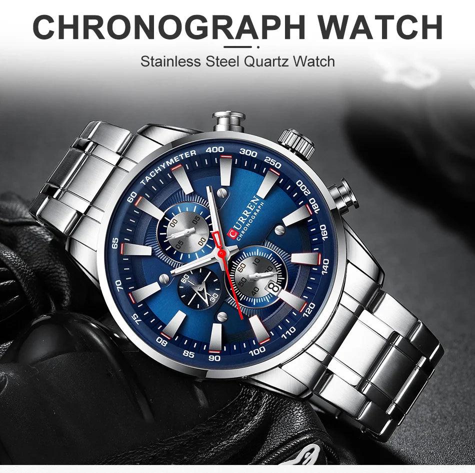 CURREN Men's Sport Chronograph Quartz Watch — Waterproof Stainless Steel