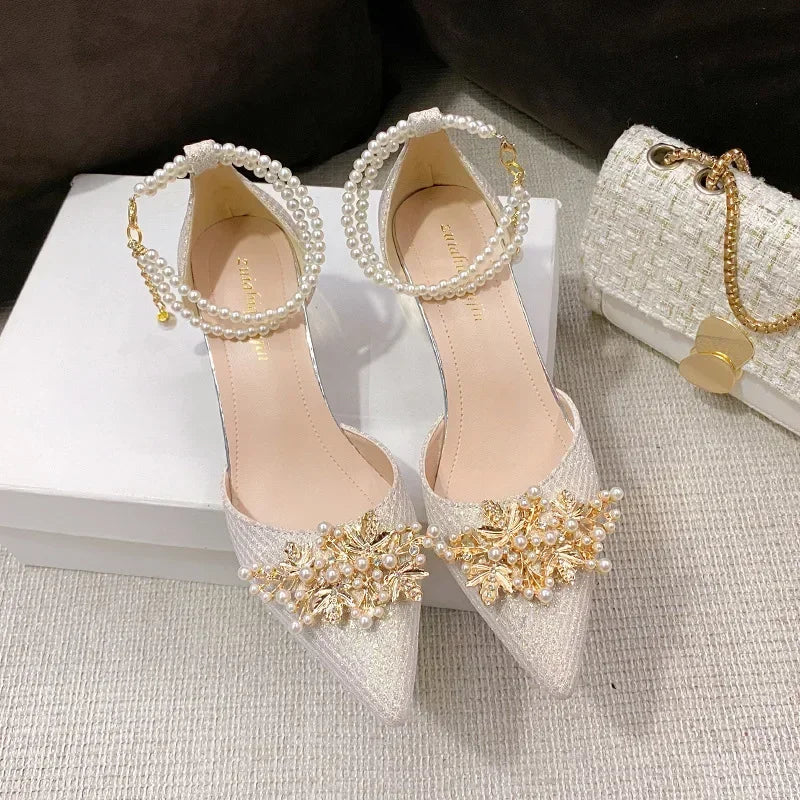 Women's Pointed Toe High Heel Pumps — Metal Beaded Wedding & Banquet Shoes