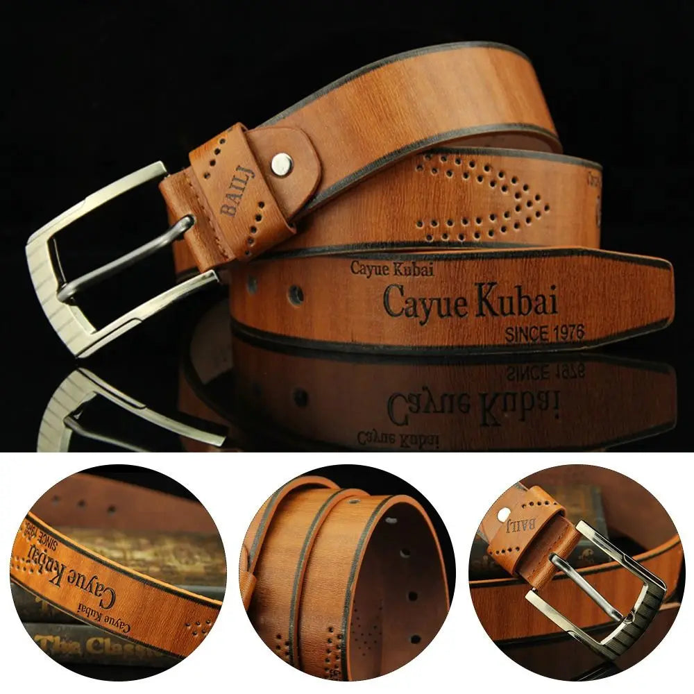 Men's Luxury Letter Print PU Leather Belt — Classic Buckle Cowboy Vintage Waistband (110 cm)